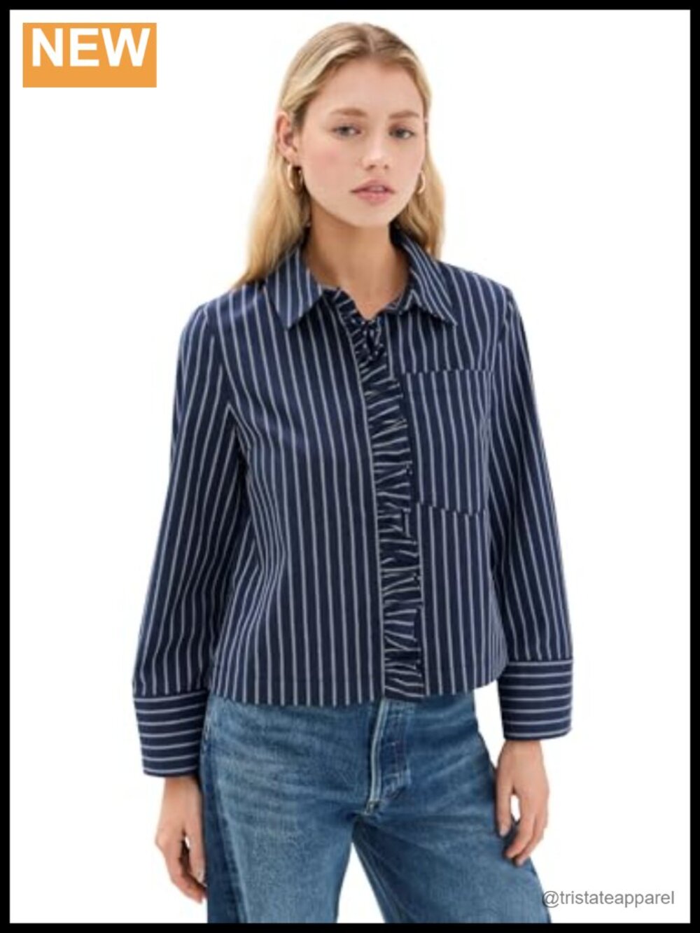 Women's Striped Cotton Blend Blouse with Ruffled Trim